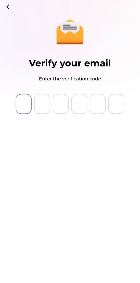 Email verification screen showing the 6-digit code entry