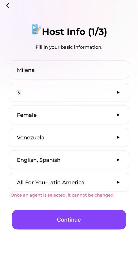 Host profile form for name, age, gender, country and language