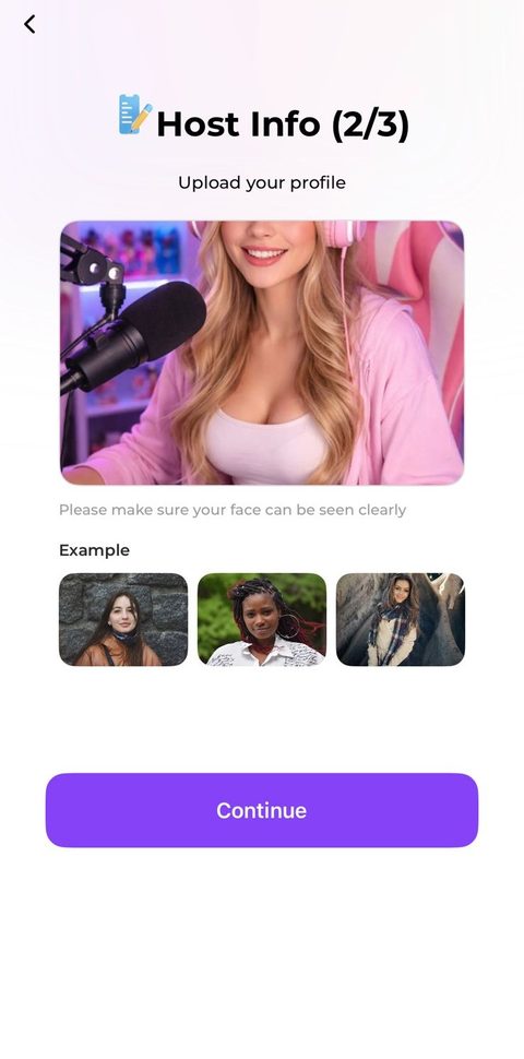 Profile photo upload screen for a Halo Live host