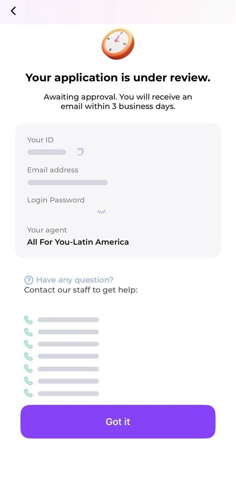 Application under review confirmation screen